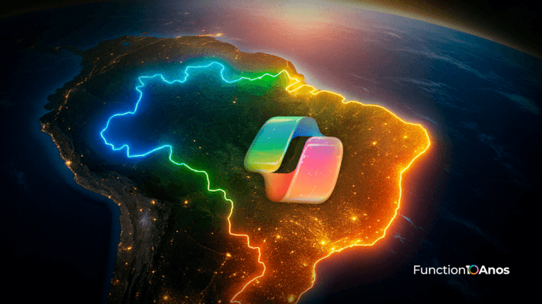 Mapa do Brasil visto do espaço, com contorno iluminado em cores neon (azul, verde, amarelo e laranja) e um logotipo colorido no centro (Copilot). No canto inferior direito, aparece a marca 'Function 10 Anos'.